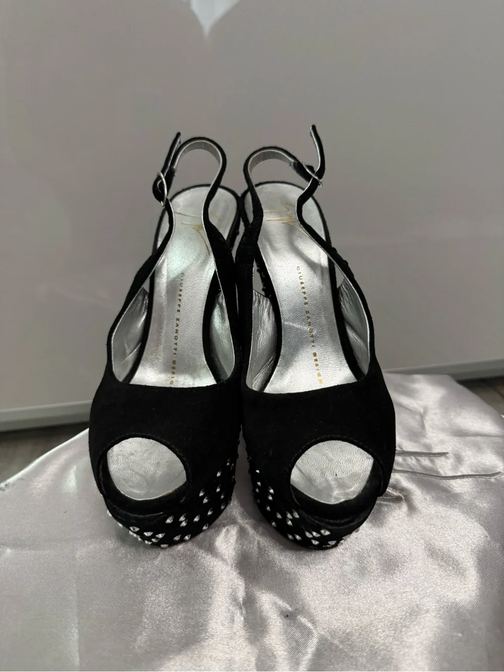 Giuseppe Zanotti Black Suede Studded Platform Wedge Slingbacks